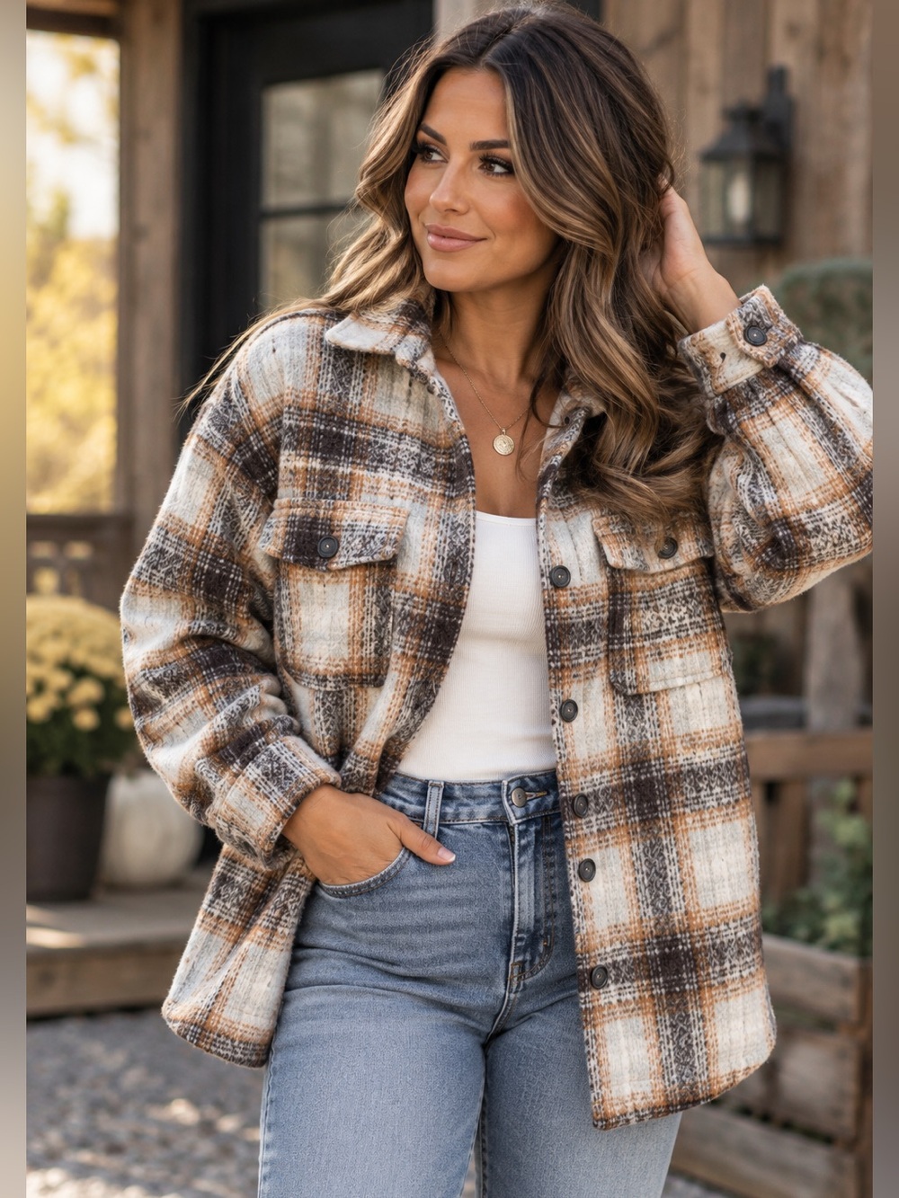 Plaid Shacket Jacket in Brown & Cream